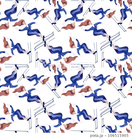 Watercolor seamless patern with skiers. Winter textile. Sport costume. Wrapping paper for ski resort souvenirs. White background 106515905
