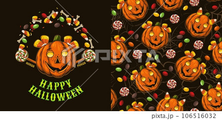 halloween pattern, logo with candy, pumpkin halloween pattern, logo with candy, pumpkin 106516032