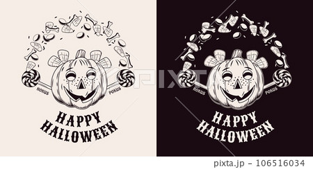 Halloween label with pumpkin head, candy corn 106516034