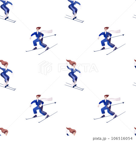 Watercolor seamless patern with skiers. Winter textile. Sport costume. Wrapping paper for ski resort souvenirs. White background Watercolor seamless patern with skiers. Winter textile. Sport costume. Wrapping paper for ski resort souvenirs. White background 106516054
