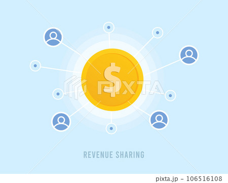 Revenue Sharing - Financial Business Planning and Money Management. Gold Coin, Revenue Sharing or Profit Shared Among Participants. Vector illustration isolated on blue background with icons 106516108