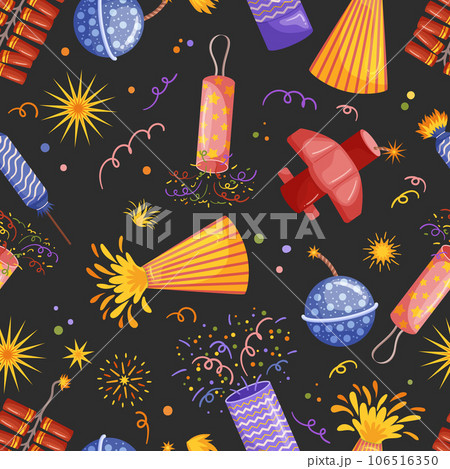 Vibrant Seamless Pattern Featuring Intricate Pyrotechnic Design, Radiating Bursts Of Color And Light Vector Illustration 106516350