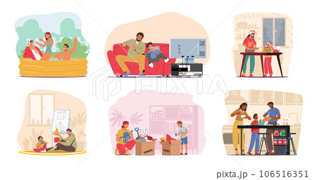 Set Family Leisure And Activities. Parents And Kids Characters Fun In Swimming Pool, Baking Festive Pastry, Learning Set Family Leisure And Activities. Parents And Kids Characters Fun In Swimming Pool, Baking Festive Pastry, Learning 106516351