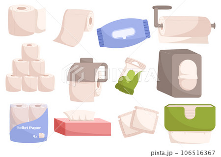 Personal Hygiene Items Set. Toilet Paper For Cleanliness, Wipes For Refreshing, And Pads For Protection, Vector 106516367