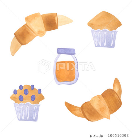 Tea set: muffins, croissants, a jar of honey. Isolated watercolor illustration on white background. Clipart. Decor for a tea party or an English style party. Tea set: muffins, croissants, a jar of honey. Isolated watercolor illustration on white background. Clipart. Decor for a tea party or an English style party. 106516398