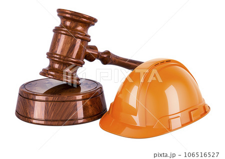 Wooden gavel with orange hard hat, 3D rendering 106516527