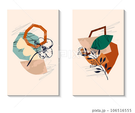 Cards with abstract illustrations. Set of decorative shapes and spots. Textures and ornamental plants. Vector.  106516555