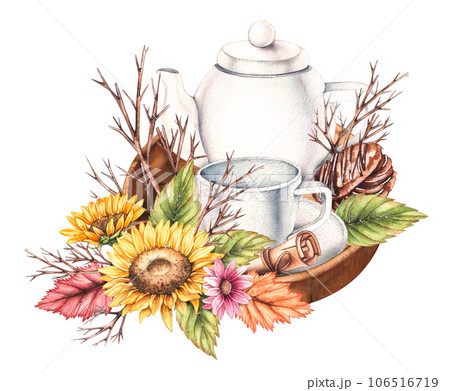 Watercolor autumn composition with flowers, a teapot and a mug of sweets isolated on a white background 106516719