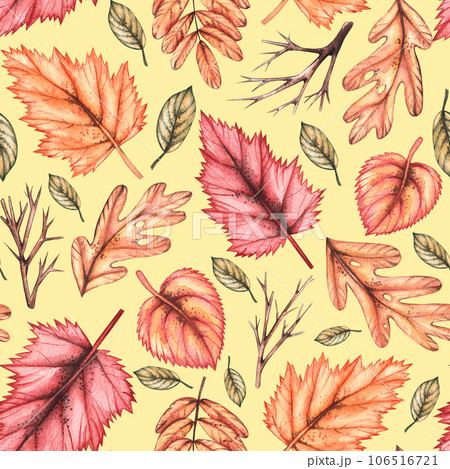 Watercolor autumn pattern with withered leaves on a yellow background Watercolor autumn pattern with withered leaves on a yellow background 106516721