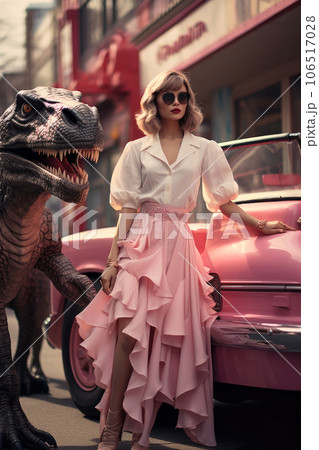 Young woman, female model poses with car and dinosaur on city street 106517028