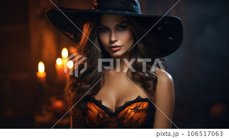 Young sexy woman in witch costume in dark place on Halloween night 106517063