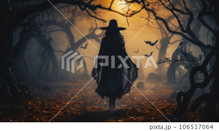 Young woman in black gothic clothing walks in wood on Halloween night 106517064