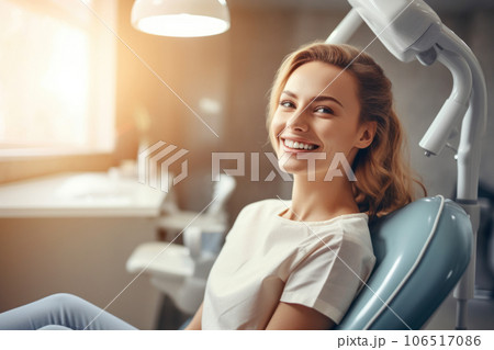 Young woman sits in dental chair, patient smiles showing teeth 106517086