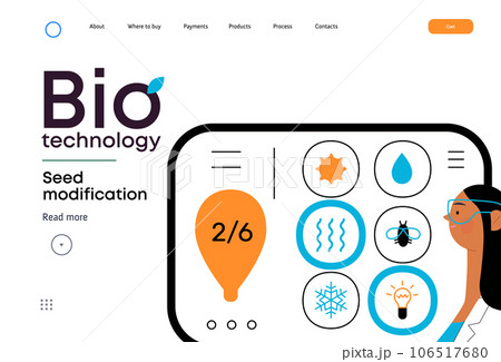 Bio Technology, Seed Modification -modern flat vector concept illustration of scientists choosing features for a seed, genetic modificated variants. Metaphor of direct impact of GMO on vegetation 106517680