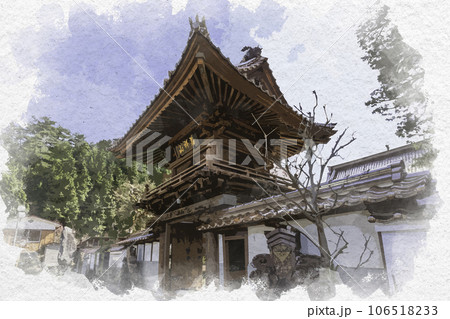 水彩画風　若桜宿　龍徳寺　山門　鳥取県八頭郡若桜町 106518233