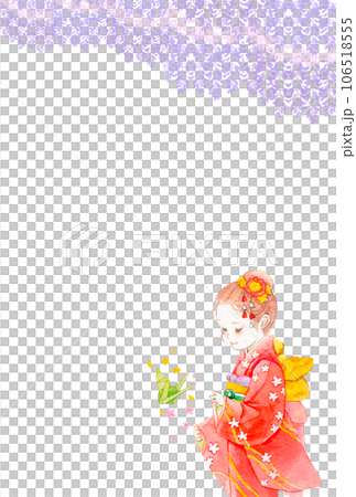 Japanese style watercolor frame illustration of wisteria flowers and a girl in a kimono 106518555