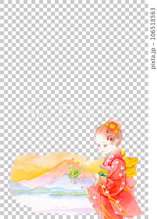 Watercolor illustration of red Mt.Fuji and girl in kimono 106518563