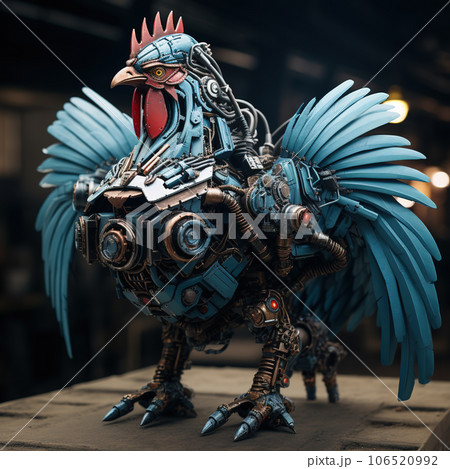 Image of a rooster modified into a robot. Farm animals. illustration, generative AI. 106520992