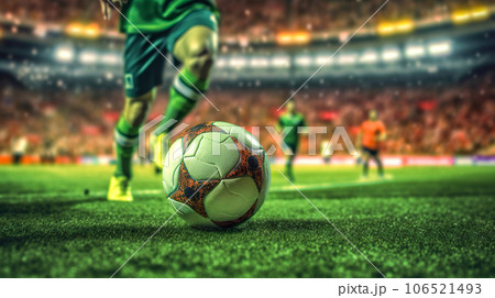 試合中のサッカーボールのクローズアップ「AI生成画像」のイラスト素材