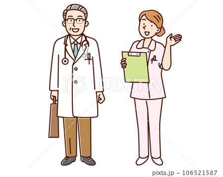 カバンを持って訪問医療に行く男性医者と女性看護師 カバンを持って訪問医療に行く男性医者と女性看護師 106521587