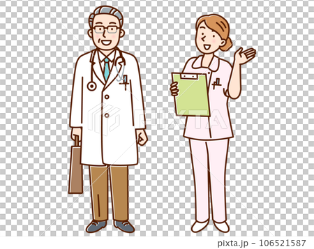 カバンを持って訪問医療に行く男性医者と女性看護師 カバンを持って訪問医療に行く男性医者と女性看護師 106521587