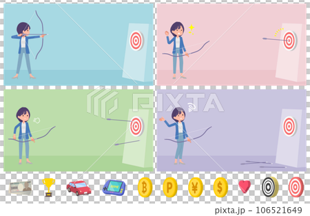 A set of public relations women aiming at a target with a bow and arrow 106521649