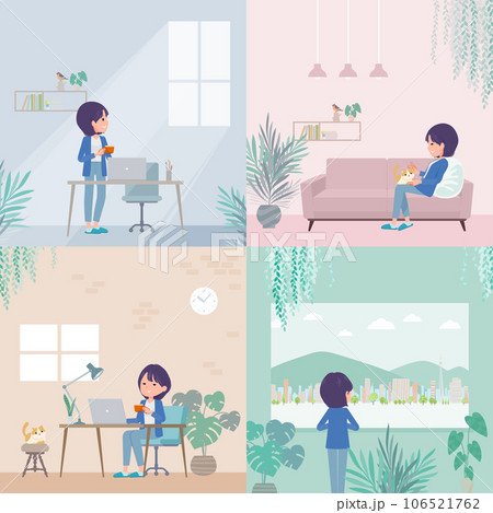 部屋でくつろぐ広報担当女性のセット 106521762