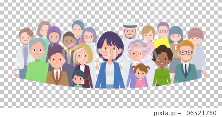 A set of public relations women standing in front of a large number of people 106521780