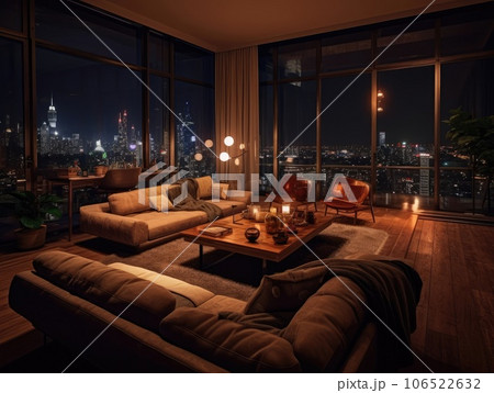 Modern luxury living room with large windows in the night time. Generative AI 106522632