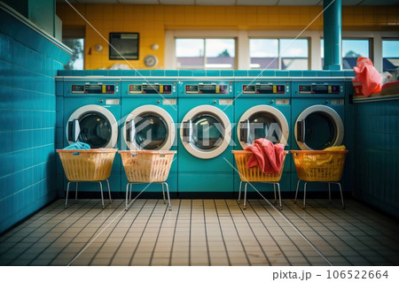 Vibrant washing machine lineup in laundromat. Industrial laundry services. Generative AI 106522664