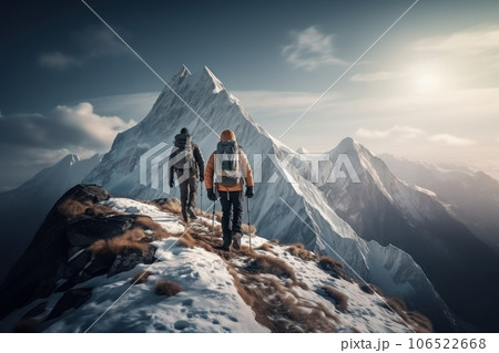 Couple of man and woman hikers on top of a mountain together enjoying their climbing success and the breathtaking view. Generative AI 106522668