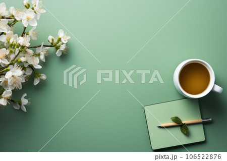 Empty space background with colored green background. Top view, copy space, Generative AI 106522876