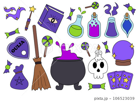 Halloween witch element set. Cauldron, poison bottles, ouija, magic book, tarot, magic ball, broomstick, skull, candle, magic wand, candies. Halloween witch element set. Cauldron, poison bottles, ouija, magic book, tarot, magic ball, broomstick, skull, candle, magic wand, candies. 106523039