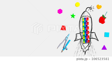 Back to school theme with a rocket with school supplies Back to school theme with a rocket with school supplies 106523581