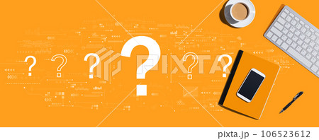 Question marks with computer keyboard and office items 106523612
