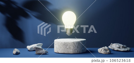 Light bulb on a podium with shadow of leaves - 3D 106523618