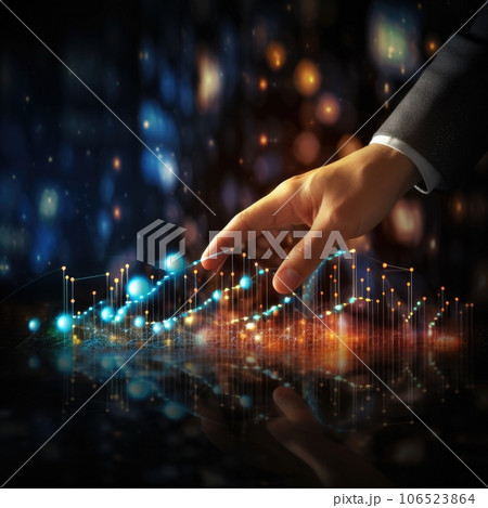 Hand of businessman pointing touch to chart financial goals. finger economic business graph planning forecast marketing grow investment concept.  AI Generative. 106523864