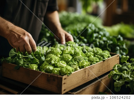 Young farmer with freshly picked Broccoli in basket. Hand holding wooden box with vegetables in field. Fresh Organic Vegetables. AI Generative. 106524202
