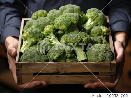 Young farmer with freshly picked Broccoli in basket. Hand holding wooden box with vegetables in field. Fresh Organic Vegetables. AI Generative. 106524206