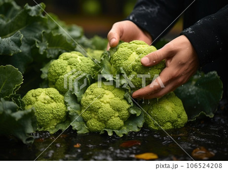 Young farmer with freshly picked Broccoli in basket. Hand holding wooden box with vegetables in field. Fresh Organic Vegetables. AI Generative. 106524208