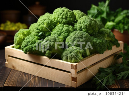 freshly picked Broccoli in basket.wooden box with vegetables in field. Fresh Organic Vegetables. AI Generative. 106524214