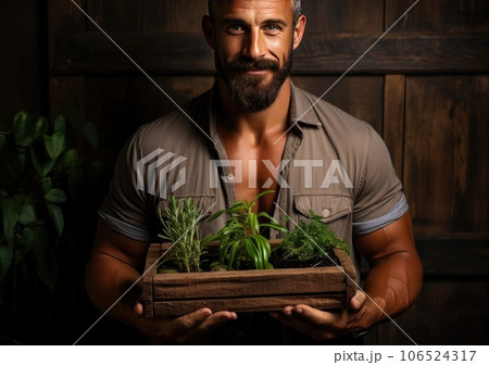 Young farmer with freshly picked vegetable in basket. Hand holding wooden box with vegetables in field. Fresh Organic Vegetable. AI Generative. 106524317