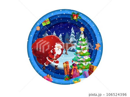 Christmas paper cut banner, cartoon Santa with gifts bag, pine tree and deer, vector winter forest landscape. Christmas holiday or New Year greeting card in paper cut layers with Santa and reindeer Christmas paper cut banner, cartoon Santa with gifts bag, pine tree and deer, vector winter forest landscape. Christmas holiday or New Year greeting card in paper cut layers with Santa and reindeer 106524396