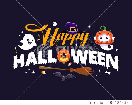 Halloween holiday banner with kawaii ghosts, scary pumpkin and funny spooky boo, vector background. Halloween horror night banner with witch broom, hat and skull with bat in spiderweb or cobweb 106524438