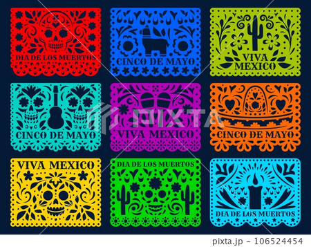 Mexican paper cut holiday flags. Cinco de mayo, dia de los muertos, viva Mexico papel picado isolated vector laser cutting templates. Traditional decor with floral pattern, skulls, cacti, pinata 106524454