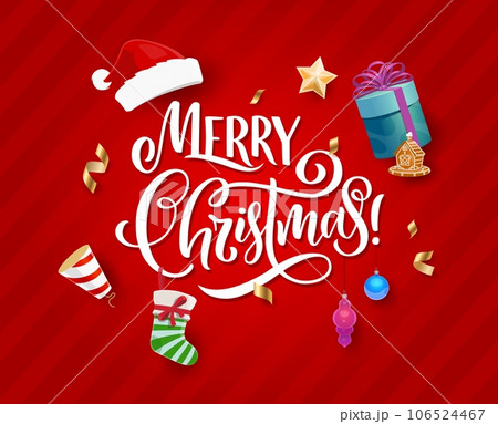 Merry Christmas banner. Merry Xmas celebration background, happy New Year holiday or Christmas festive vector backdrop. Winter season greeting wallpaper or banner with Santa hat, gift, stocking sock 106524467