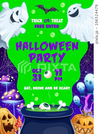 Halloween party flyer with potion cauldron, witch mushrooms, pumpkins and vector funny ghosts. Halloween holiday trick or treat party with spooky boo ghosts, bat and witch magic potion with bones 106524479