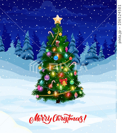 Christmas holiday pine tree on winter snow. Happy New Year festive poster, winter season greeting card or Christmas holiday vector banner with decorated toys, garland, bell and candy cane pine tree 106524501