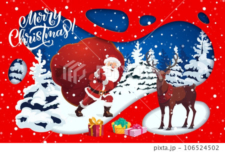 Christmas paper cut landscape, reindeer and Santa claus. Cartoon vector greeting card with 3d frame, winter wood deer and cheerful Noel carrying huge gift sack. Funny xmas characters in snowy wood Christmas paper cut landscape, reindeer and Santa claus. Cartoon vector greeting card with 3d frame, winter wood deer and cheerful Noel carrying huge gift sack. Funny xmas characters in snowy wood 106524502