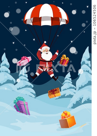 Santa descends from the sky on a parachute, bringing joy and gifts to children around the world. Vector festive father Noel character landing at night forest with snow and scatter present boxes Santa descends from the sky on a parachute, bringing joy and gifts to children around the world. Vector festive father Noel character landing at night forest with snow and scatter present boxes 106524506